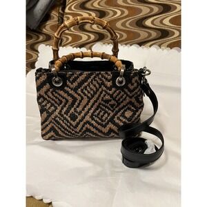 Patricia Nash Hemp Oil Bamboo Handle Beige Black Wicker Inner Pock Crossbody Bag